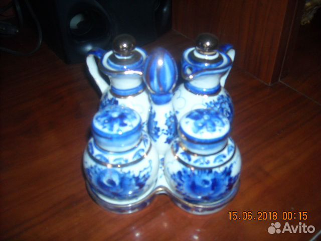 Гжель Набор для специй 7 пред., роспись золотом