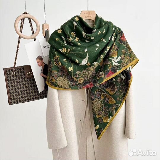 Платок шаль кашемир Hermes зеленый