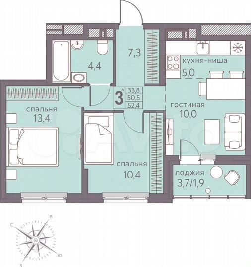 3-к. квартира, 52,4 м², 12/22 эт.