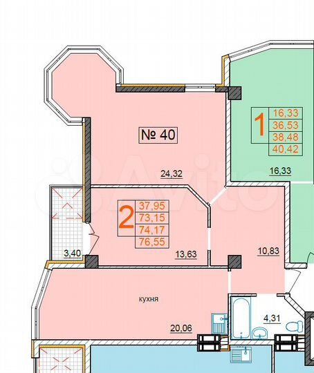 2-к. квартира, 77 м², 4/12 эт.
