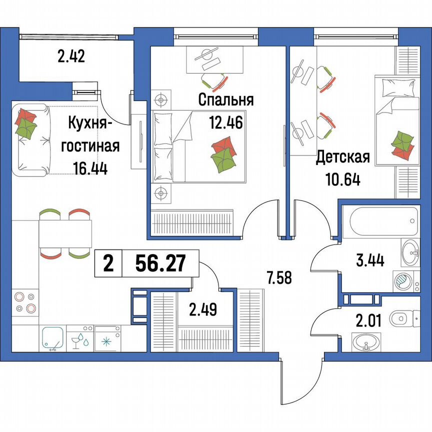 2-к. квартира, 56,3 м², 16/16 эт.
