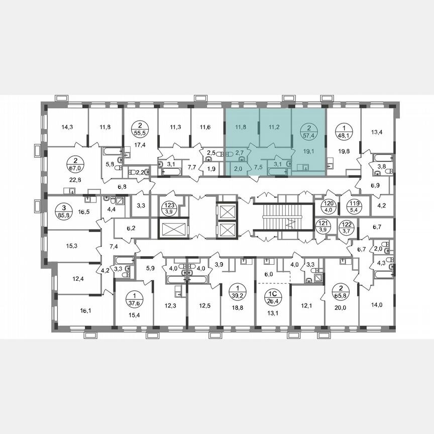 2-к. квартира, 57,4 м², 6/19 эт.