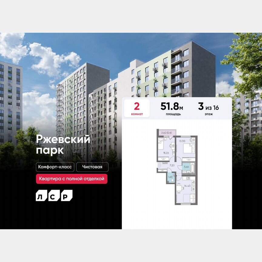 2-к. квартира, 51,8 м², 3/16 эт.