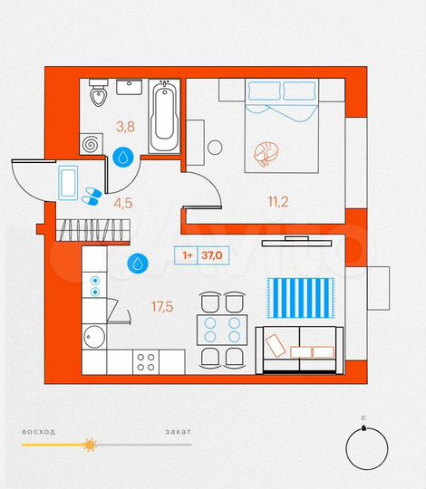 1-к. квартира, 37 м², 12/21 эт.