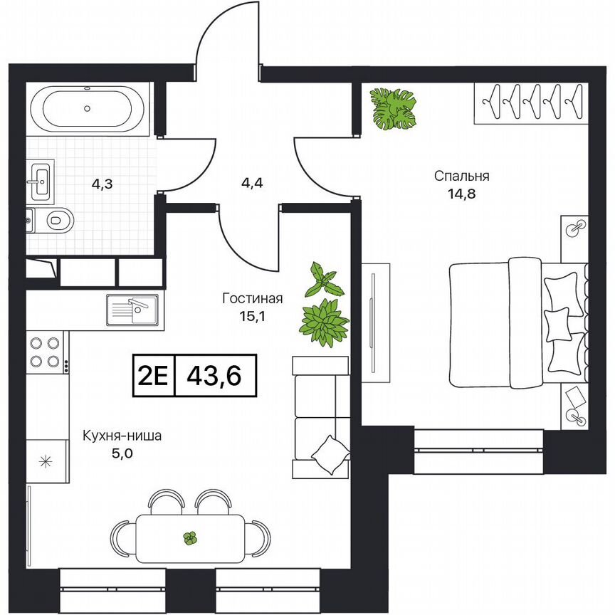 2-к. квартира, 43,6 м², 2/17 эт.