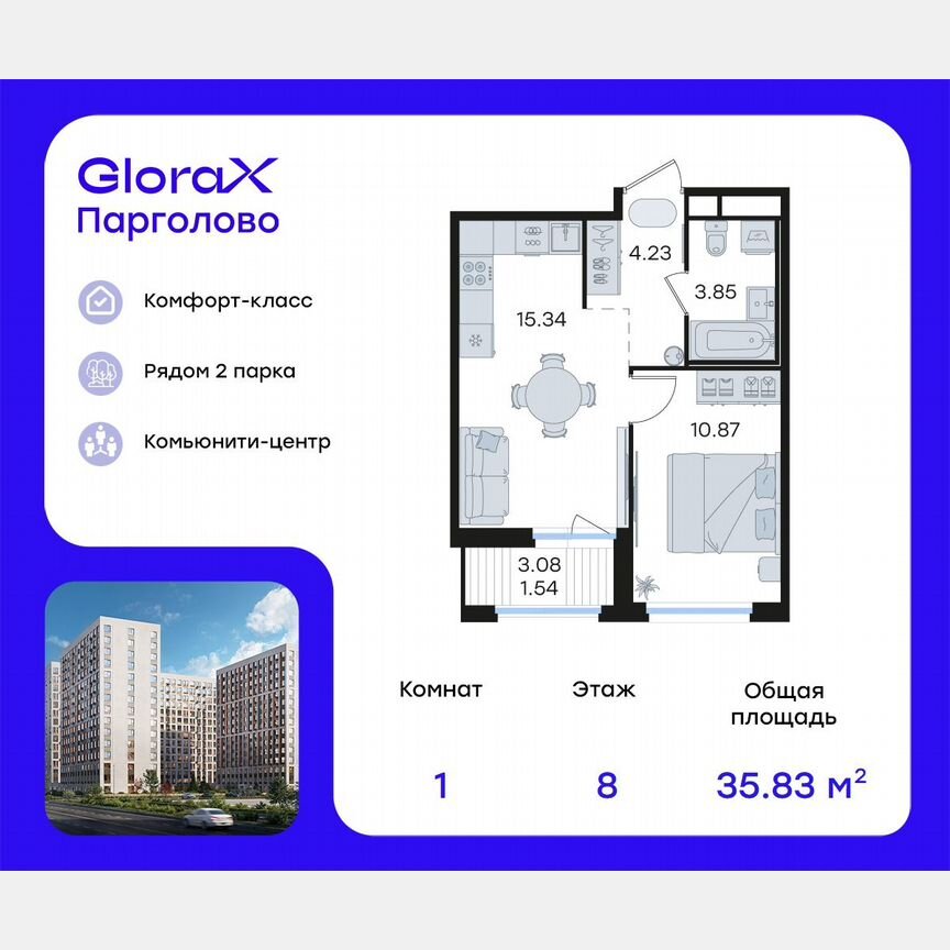 1-к. квартира, 35,8 м², 8/15 эт.