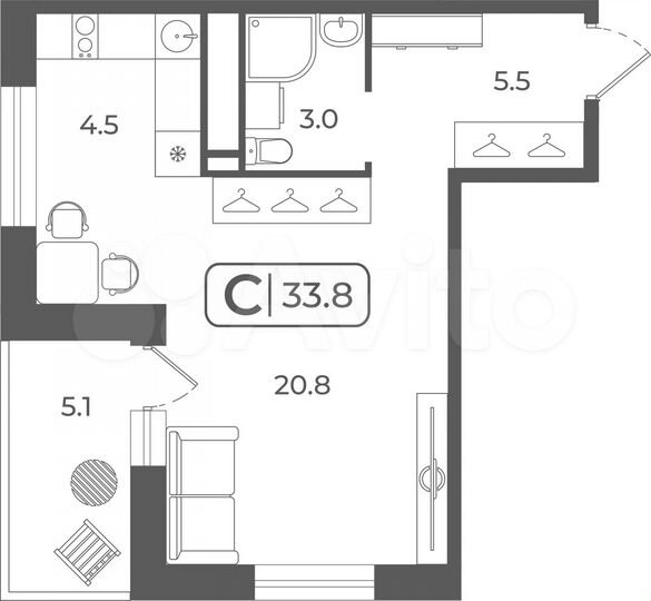 Квартира-студия, 33,9 м², 13/22 эт.