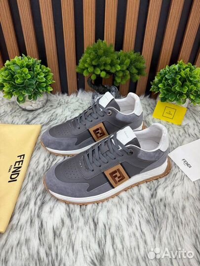 Кроссовки мужские Fendi кожа замша серые