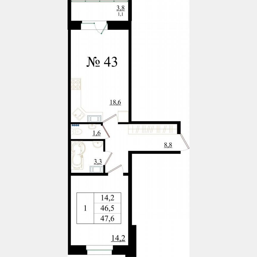 1-к. квартира, 47,6 м², 5/8 эт.