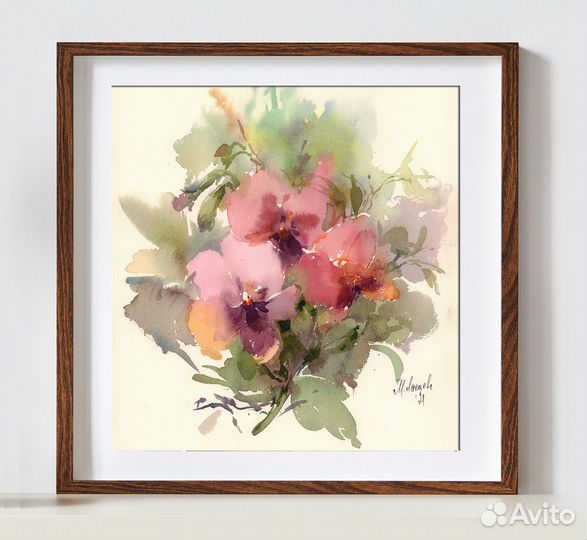 Акварель - Постер. Анютины глазки. 21х21см