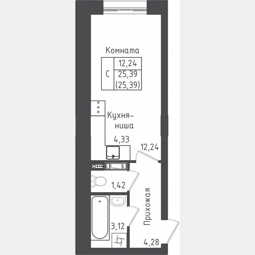 Квартира-студия, 25,4 м², 2/5 эт.