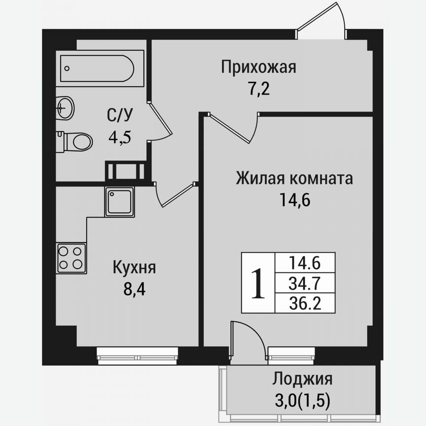 1-к. квартира, 37,4 м², 12/15 эт.