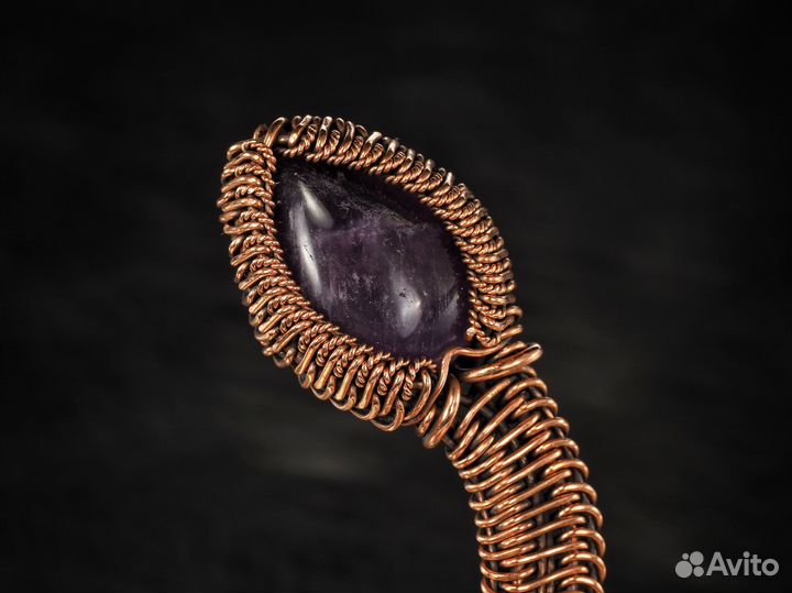 Кафф браслет Змея Аметист Медь Ручная работа