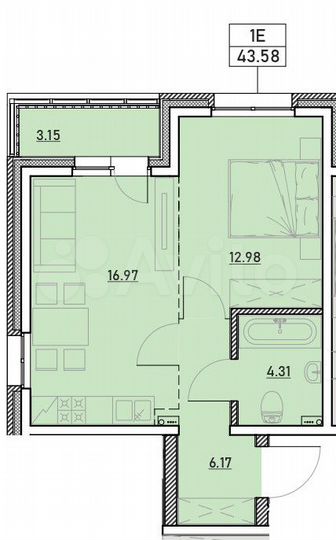 1-к. квартира, 43,6 м², 2/13 эт.