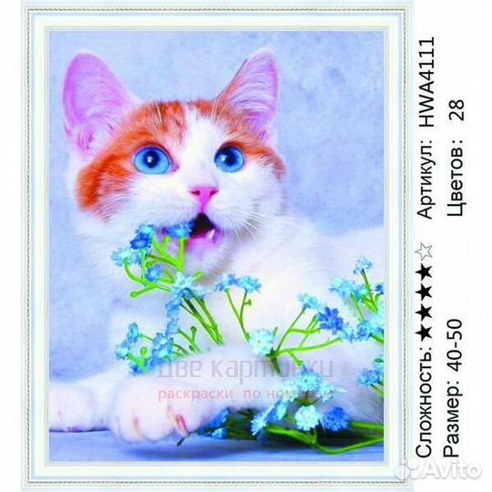 Алмазная мозаика 40x50 Котик играет с голубым