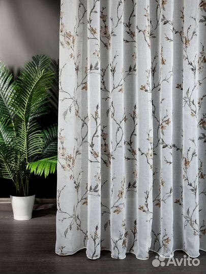 Тюль под лен Сакура (коричневый)