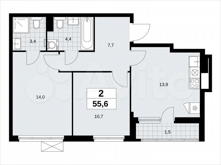 2-к. квартира, 55,6 м², 9/14 эт.