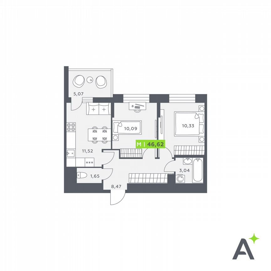 2-к. квартира, 46,6 м², 8/12 эт.