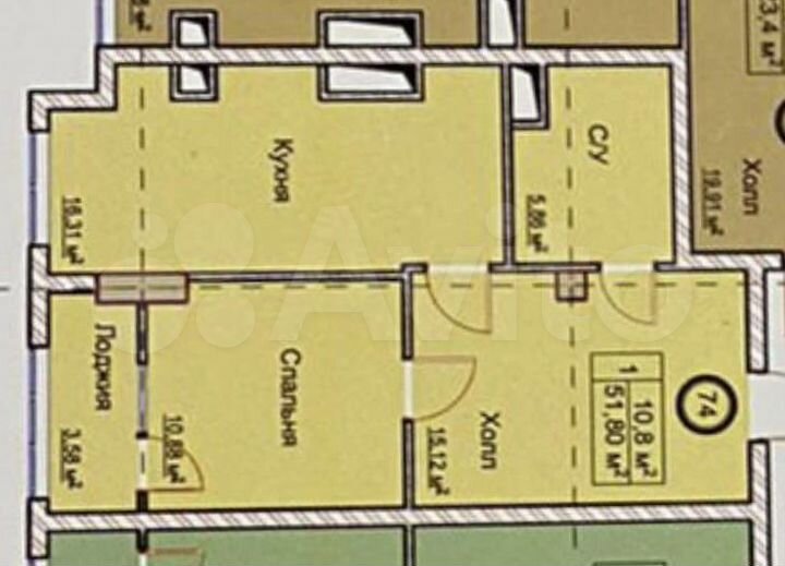 1-к. квартира, 52 м², 2/12 эт.