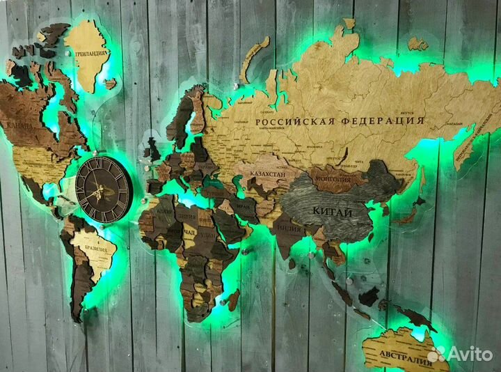 Деревянная карта мира с подсветкой