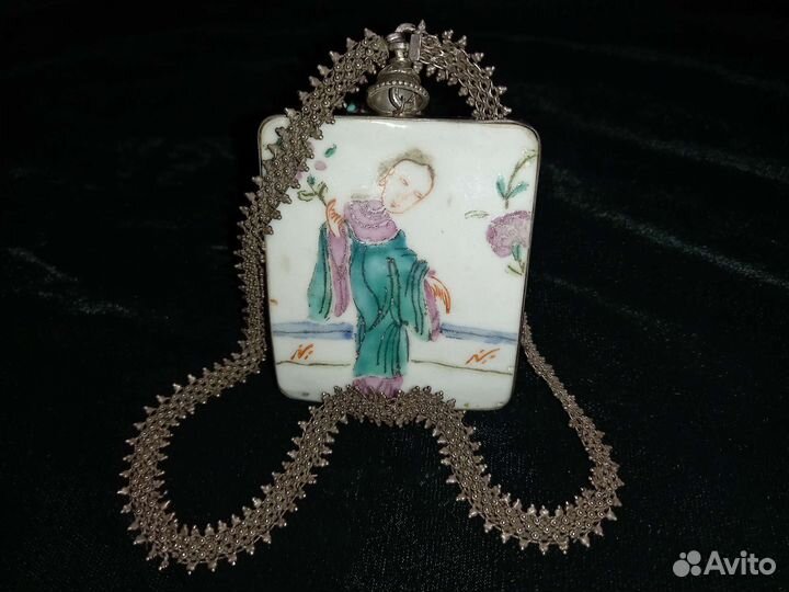 Старинный китайский кулон,серебро фарфор 18 век