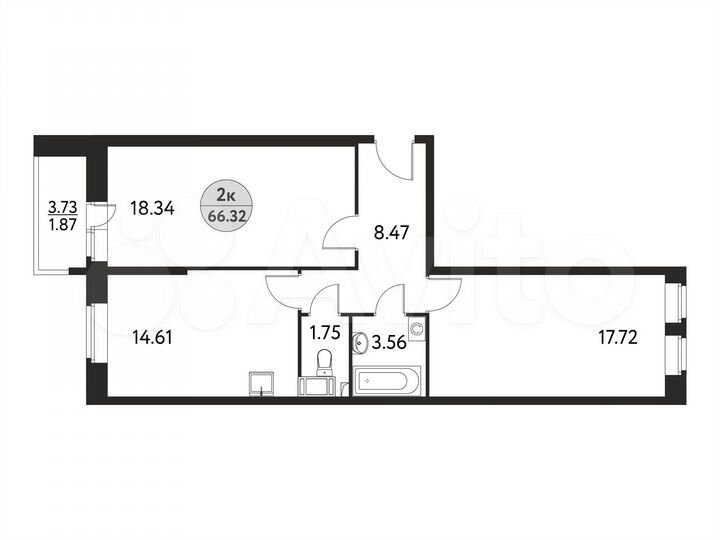2-к. квартира, 66,3 м², 7/17 эт.