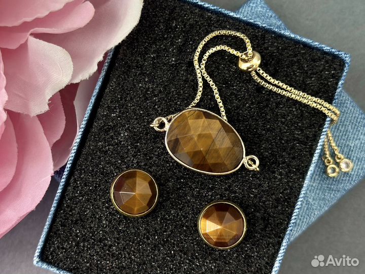 Серьги и браслет тигровый глаз