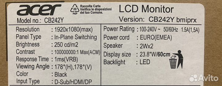 Монитор 24' Новый Acer CB242Ybmiprx, 1920x1080