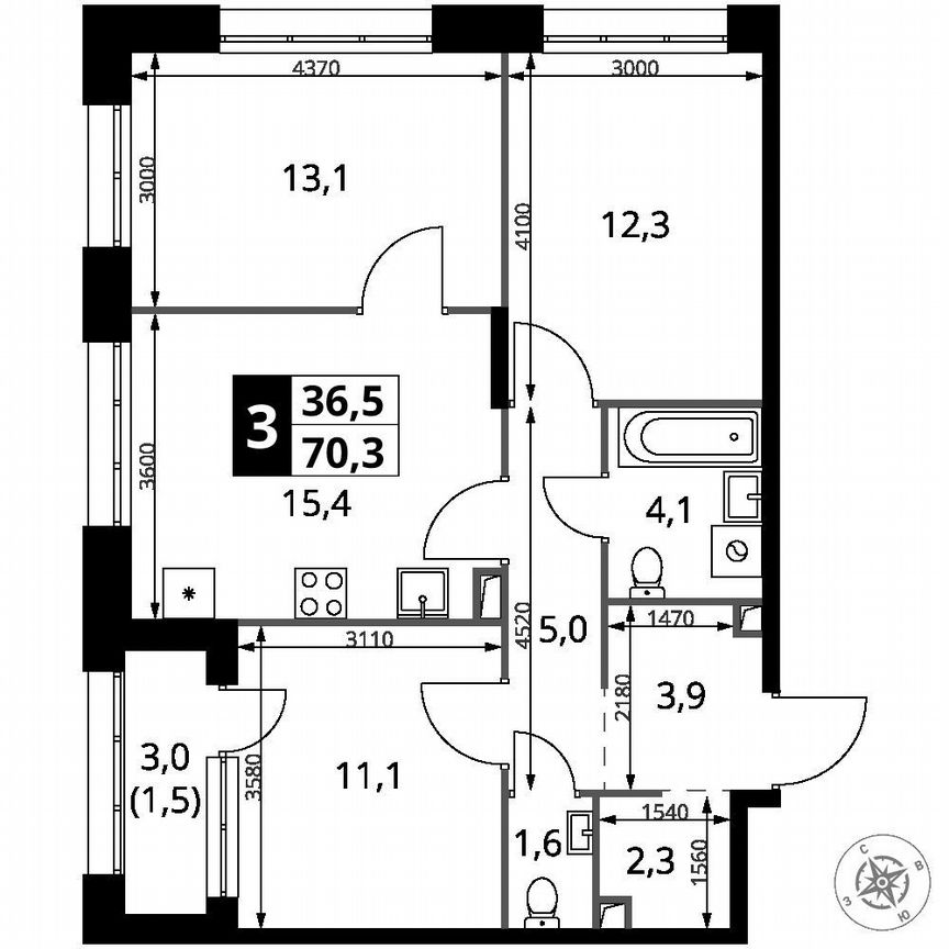 3-к. квартира, 70,3 м², 2/21 эт.