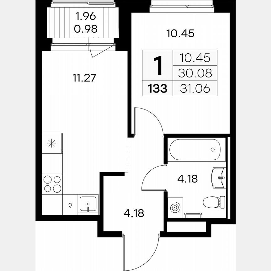 1-к. квартира, 31,1 м², 1/9 эт.