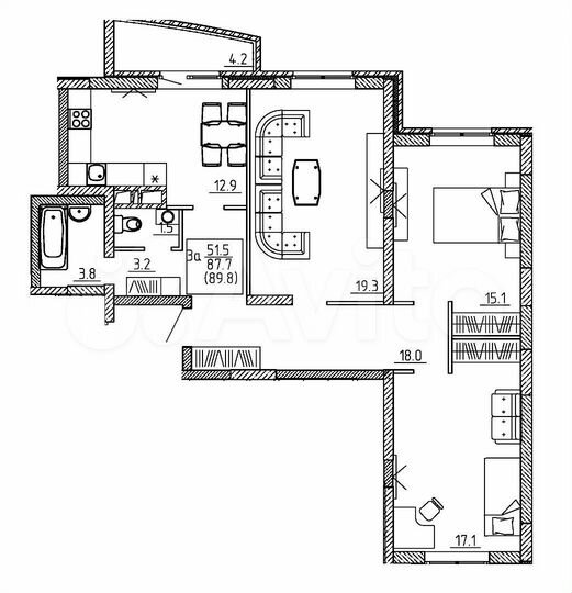 3-к. квартира, 89,4 м², 1/16 эт.
