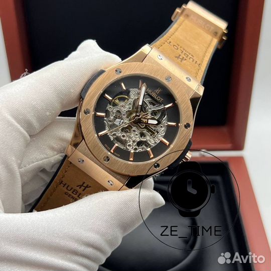 Часы мужские Hublot скелетоны золотые