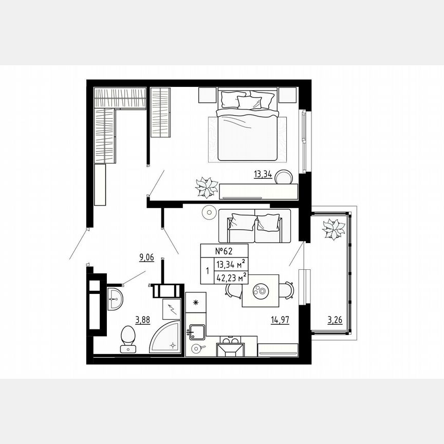 1-к. квартира, 42,2 м², 3/4 эт.