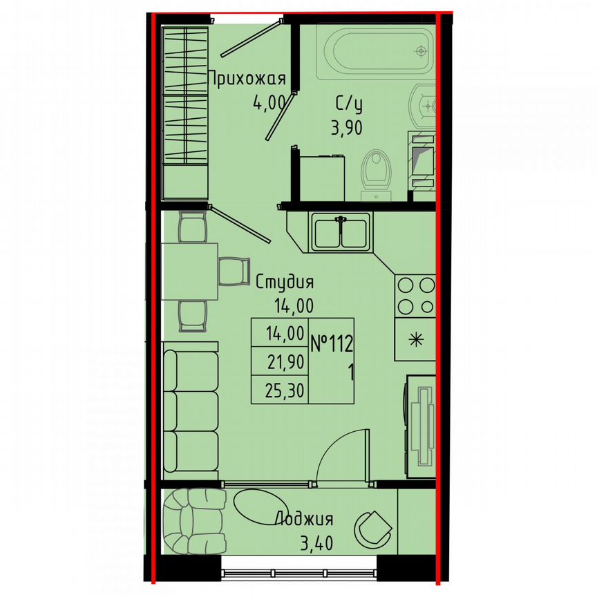 Квартира-студия, 25,3 м², 8/8 эт.