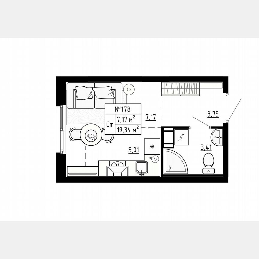 Квартира-студия, 19,3 м², 3/4 эт.