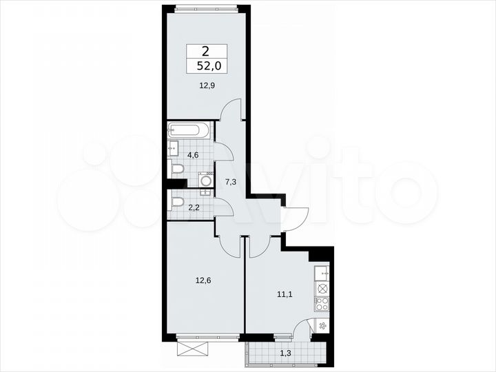 2-к. квартира, 52 м², 9/17 эт.