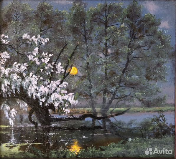 Картина маслом на холстевесенний пейзаж с речкой