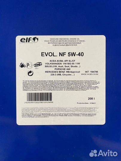 Моторное масло ELF Evolution NF 5W-40 / 208 л