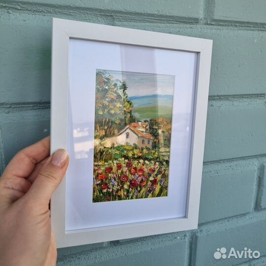 Картина маслом с пейзажем в рамке пейзаж маки