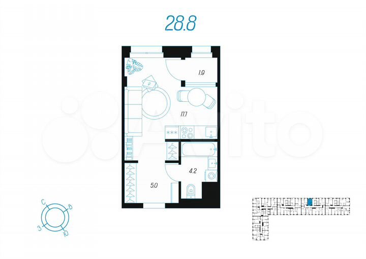 1-к. квартира, 28,8 м², 3/24 эт.