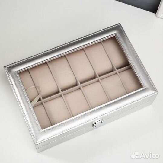 Шкатулка кожзам под часы 12 отделений 'Космос. Сер