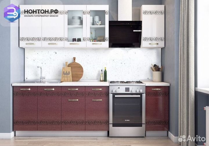 Кухня Мечта 2.0 м белый / белый металлик / гранат