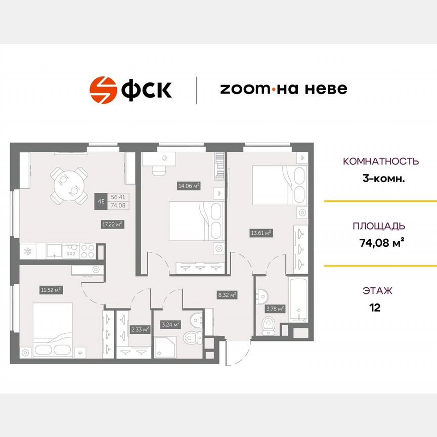 3-к. апартаменты, 74,1 м², 12/17 эт.