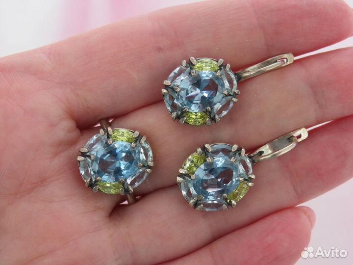Топаз Хризолит Серебряное кольцо Серьги Серебро