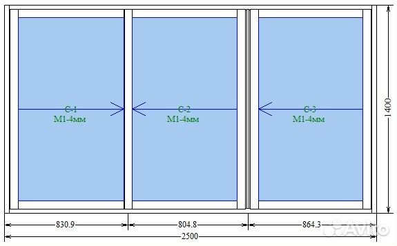 Рама provedal. 3 раздвижные створки, 2500 х 1400
