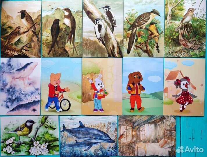 Открытки ботанические цветы, грибы, птицы