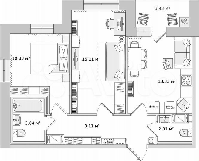 2-к. квартира, 53,4 м², 17/18 эт.