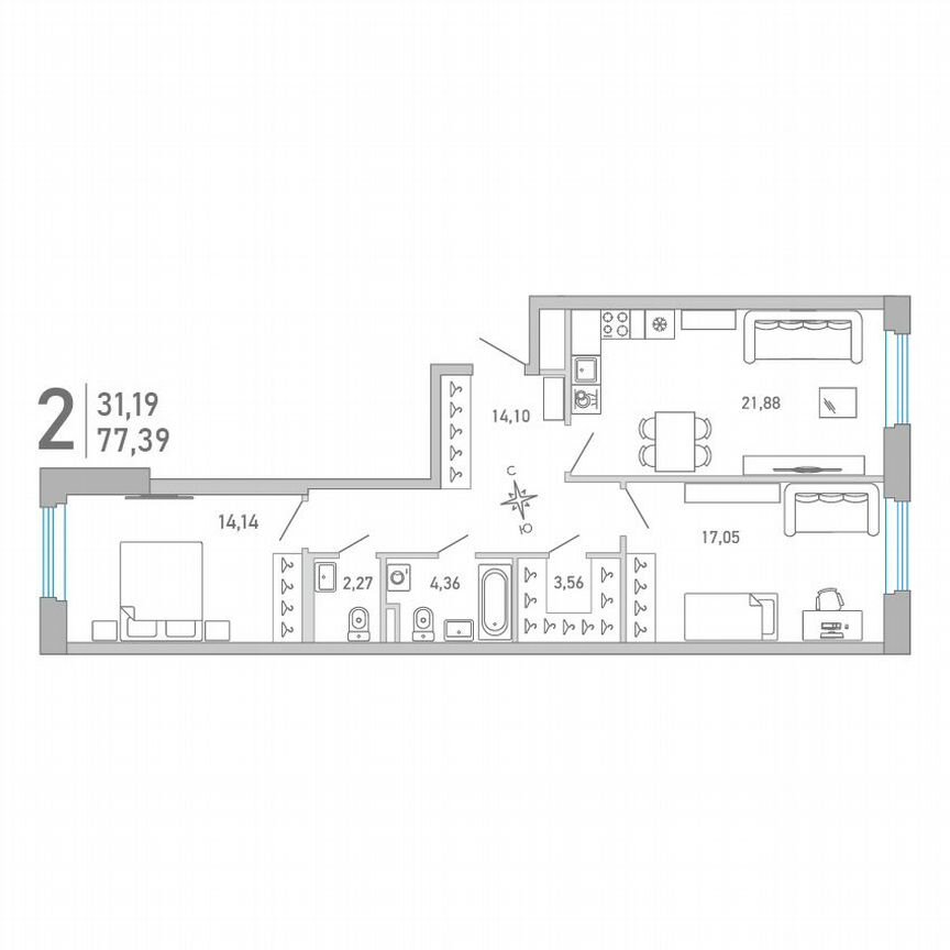 2-к. квартира, 77,4 м², 2/10 эт.