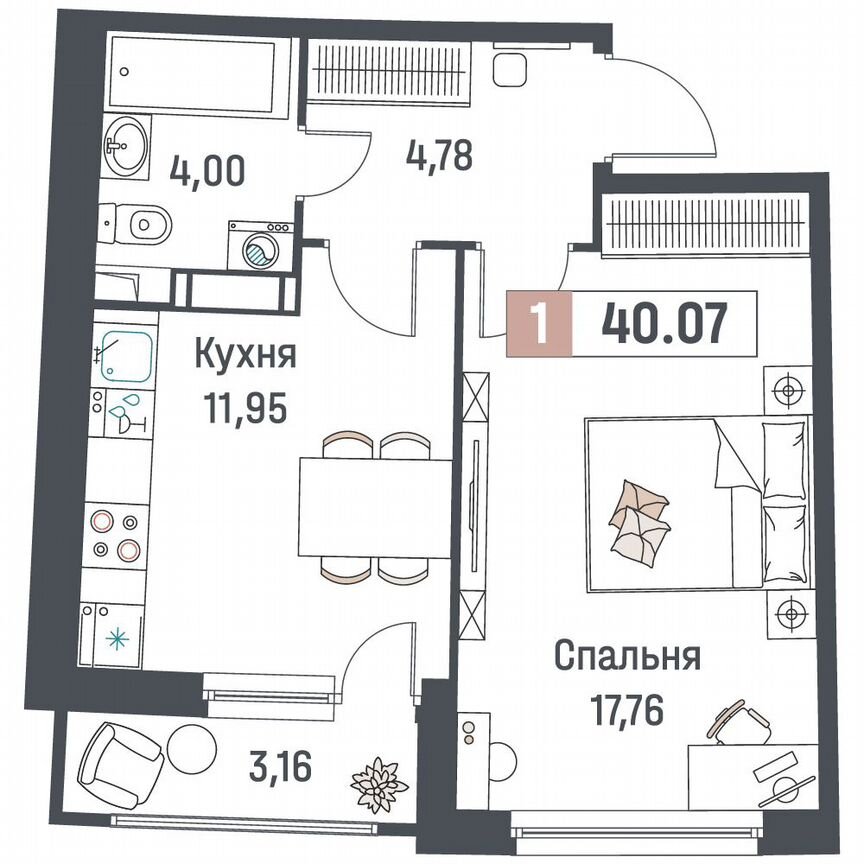 1-к. квартира, 40,1 м², 6/18 эт.