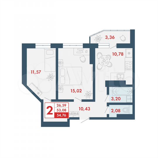 2-к. квартира, 54,8 м², 10/16 эт.